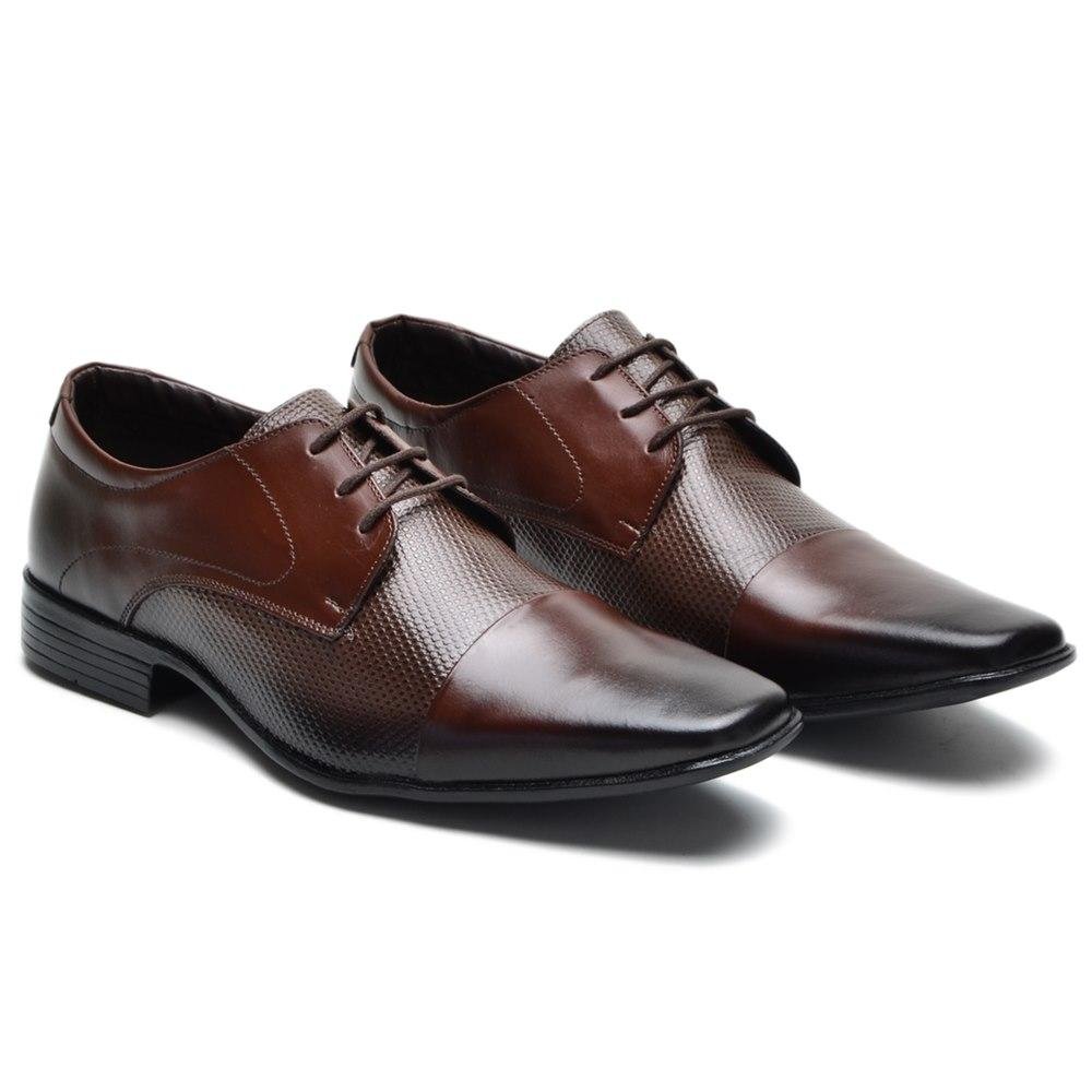 Sapato Social Masculino Couro Cadarço Bico Quadrado Clássico Marrom 2