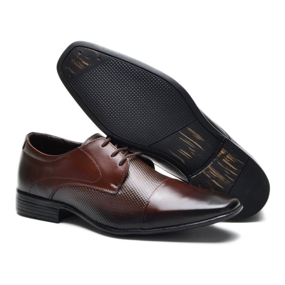 Sapato Social Masculino Couro Cadarço Bico Quadrado Clássico Marrom 3