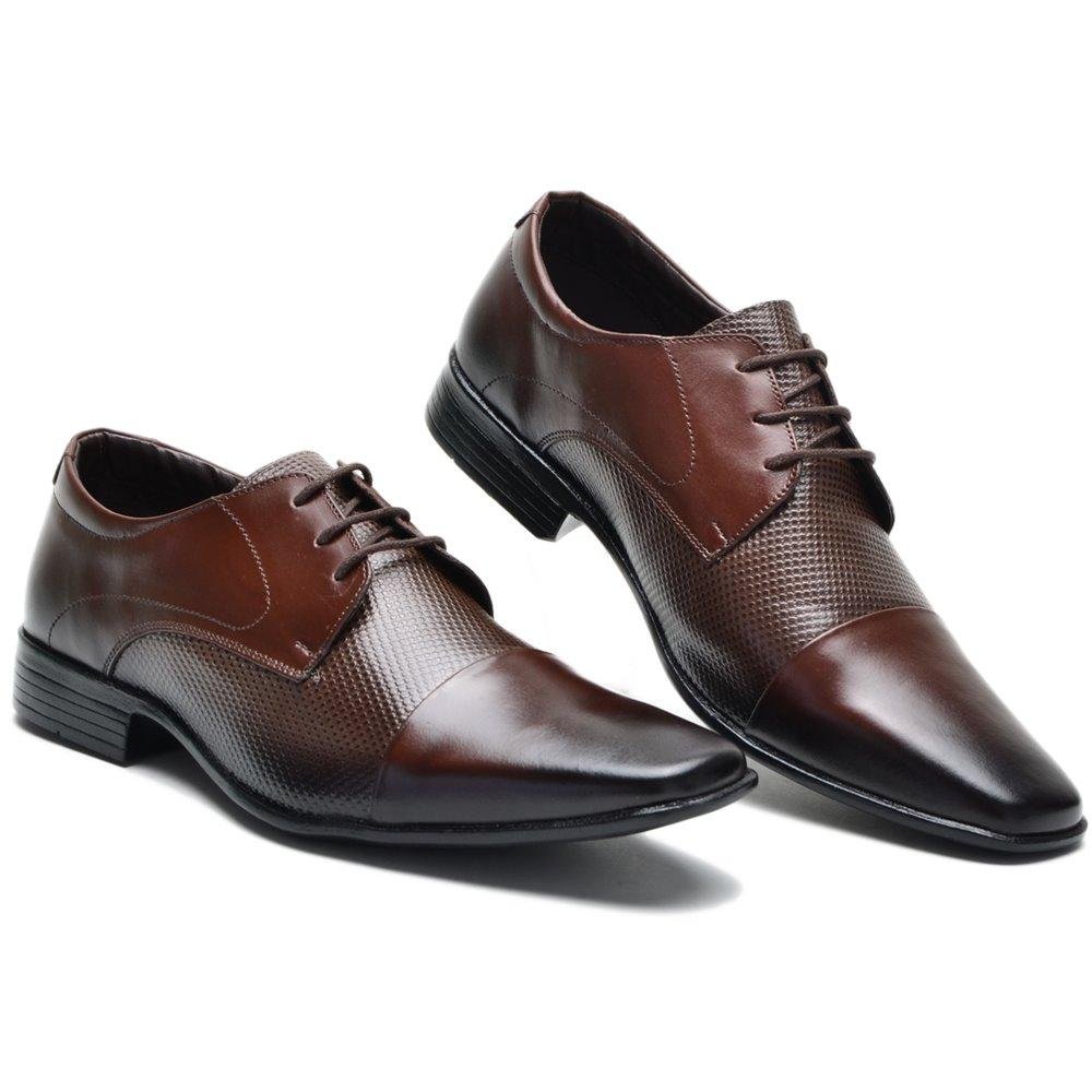 Sapato Social Masculino Couro Cadarço Bico Quadrado Clássico Marrom 4