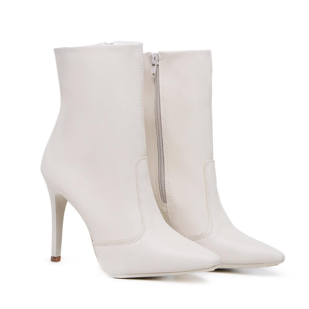 Bota Feminina Cano Curto Salto Bico Fino Casual Zíper Branco