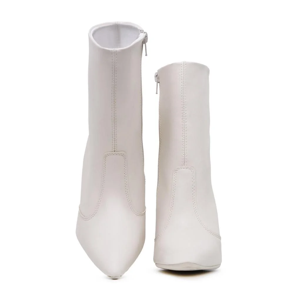 Bota Feminina Cano Curto Salto Bico Fino Casual Zíper Branco 2
