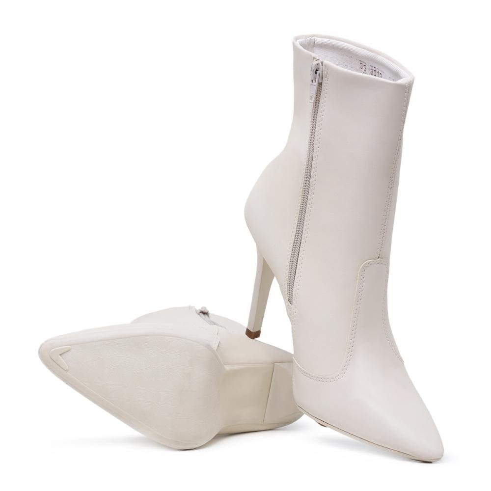 Bota Feminina Cano Curto Salto Bico Fino Casual Zíper Branco 4