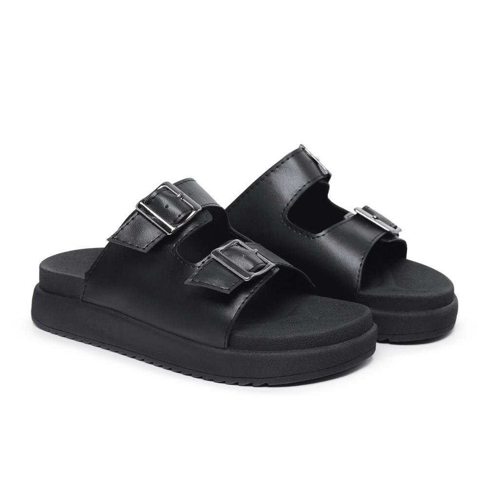 Sandália Feminina Papete Flatform Confortável Fivela Dupla Preto 1