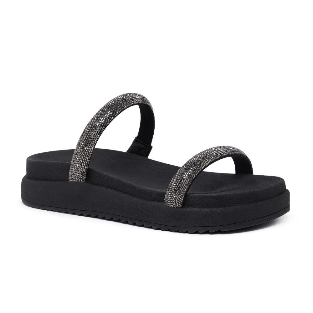 Sandália Feminina Papete Flatform Strass Confortável Tiras Preto 3