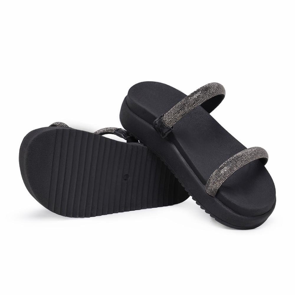 Sandália Feminina Papete Flatform Strass Confortável Tiras Preto 4