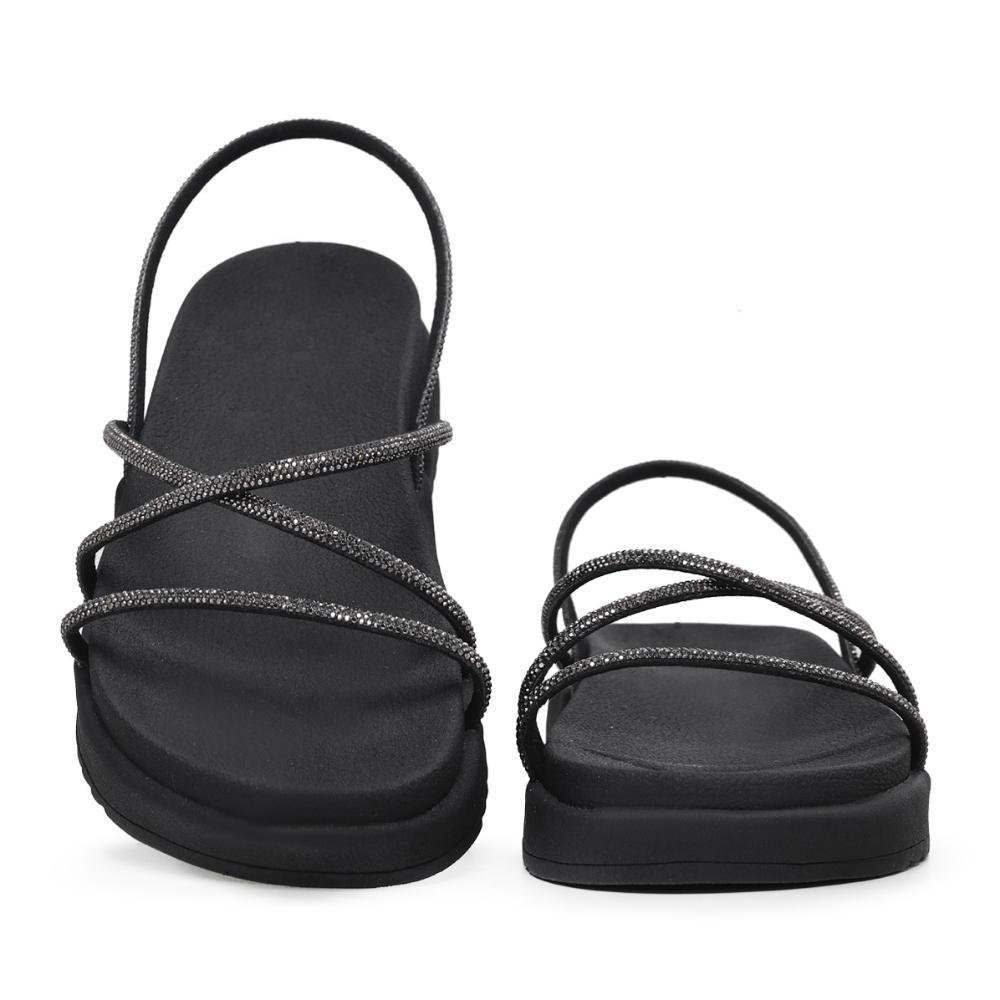 Sandália Feminina Papete Flatform Tiras Strass Confortável Preto 2