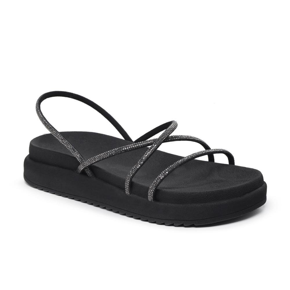 Sandália Feminina Papete Flatform Tiras Strass Confortável Preto 3