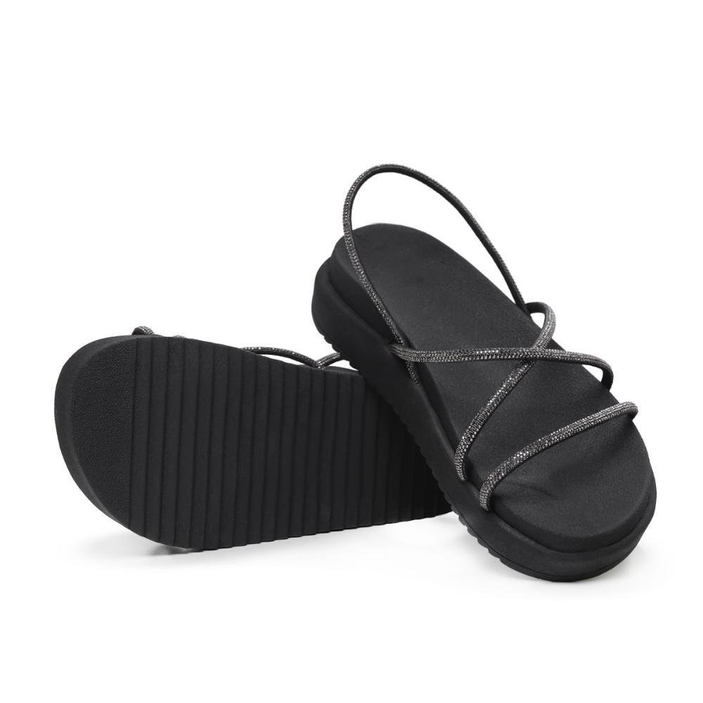 Sandália Feminina Papete Flatform Tiras Strass Confortável Preto 4