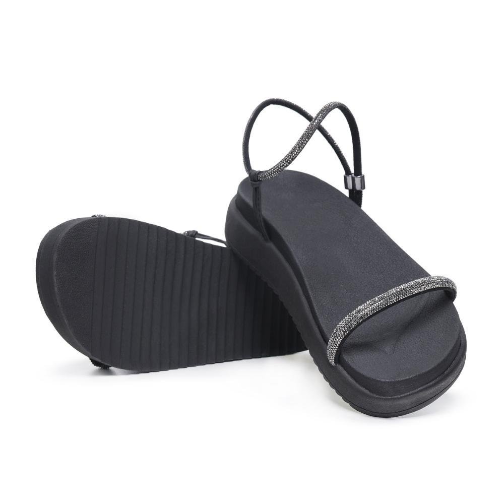 Sandália Feminina Papete Flatform Tiras Strass Elegante Preto 4