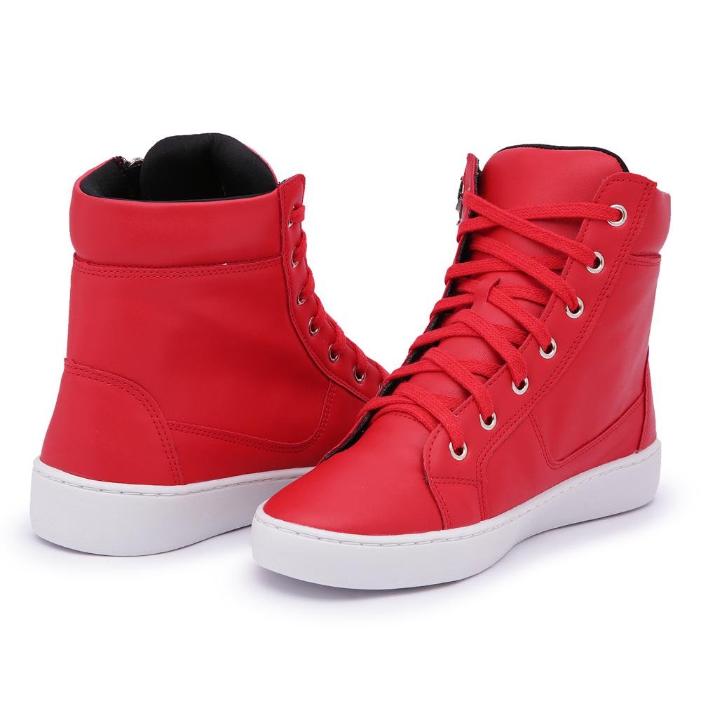 Tênis Casual Feminino Cano Alto Zíper Conforto Dia a Dia Vermelho 2