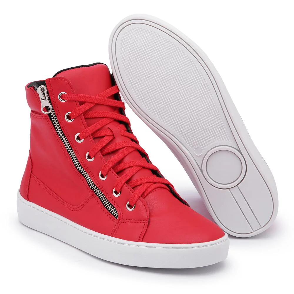 Tênis Casual Feminino Cano Alto Zíper Conforto Dia a Dia Vermelho 3