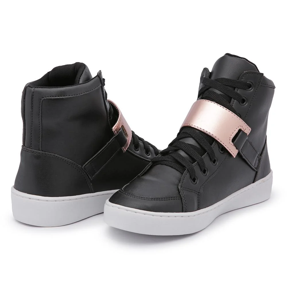 Tênis Casual Feminino Cano Médio Tira Adesiva Confortável Preto 2