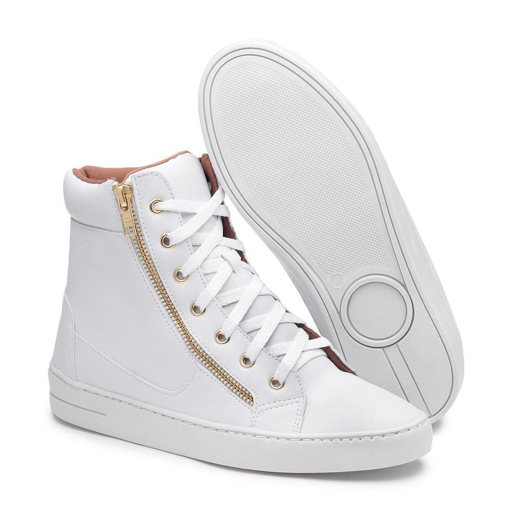 Tênis Feminino Cano Alto Zíper Conforto Dia a Dia Casual Branco 3