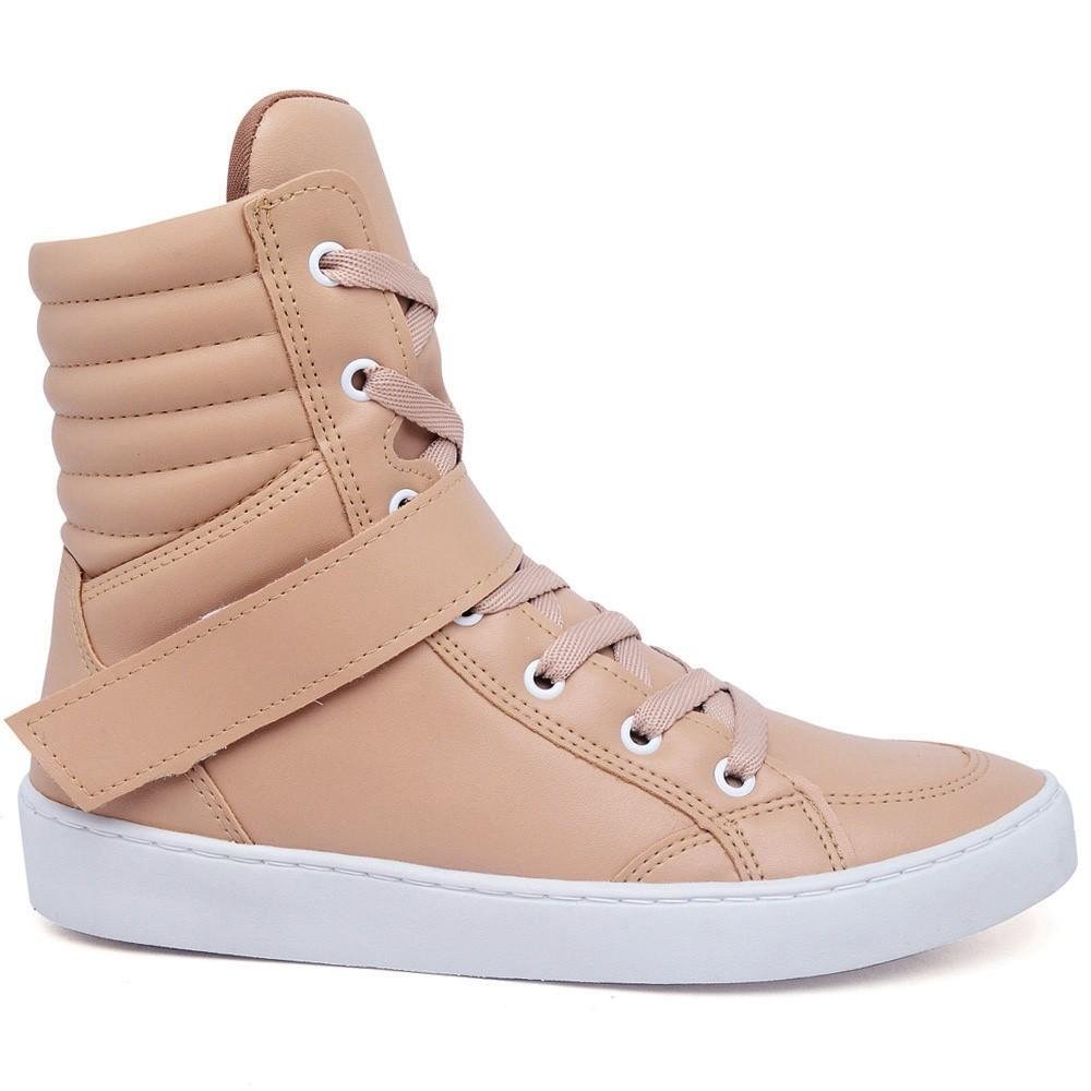 Tênis Feminino Fitness Cano Alto Cadarço Dia a Dia Conforto Bege 2