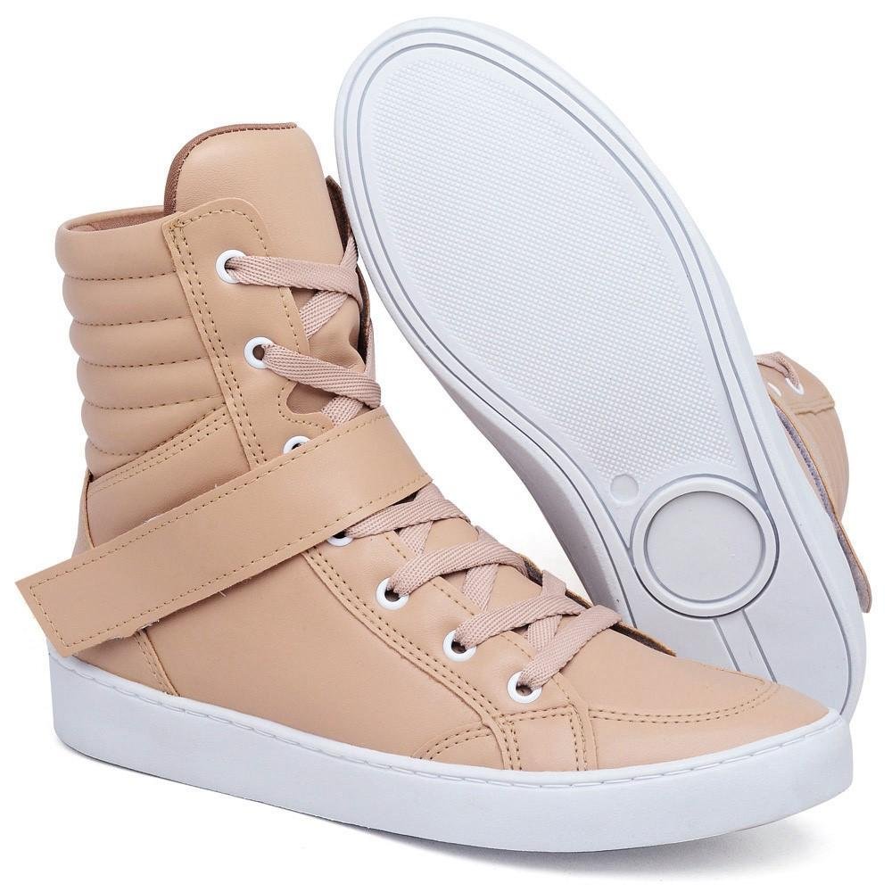 Tênis Feminino Fitness Cano Alto Cadarço Dia a Dia Conforto Bege 4