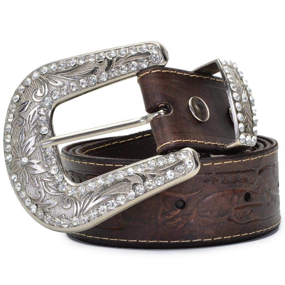 Cinto Feminino Country Couro Fivela Estampada Detalhes Prata 2