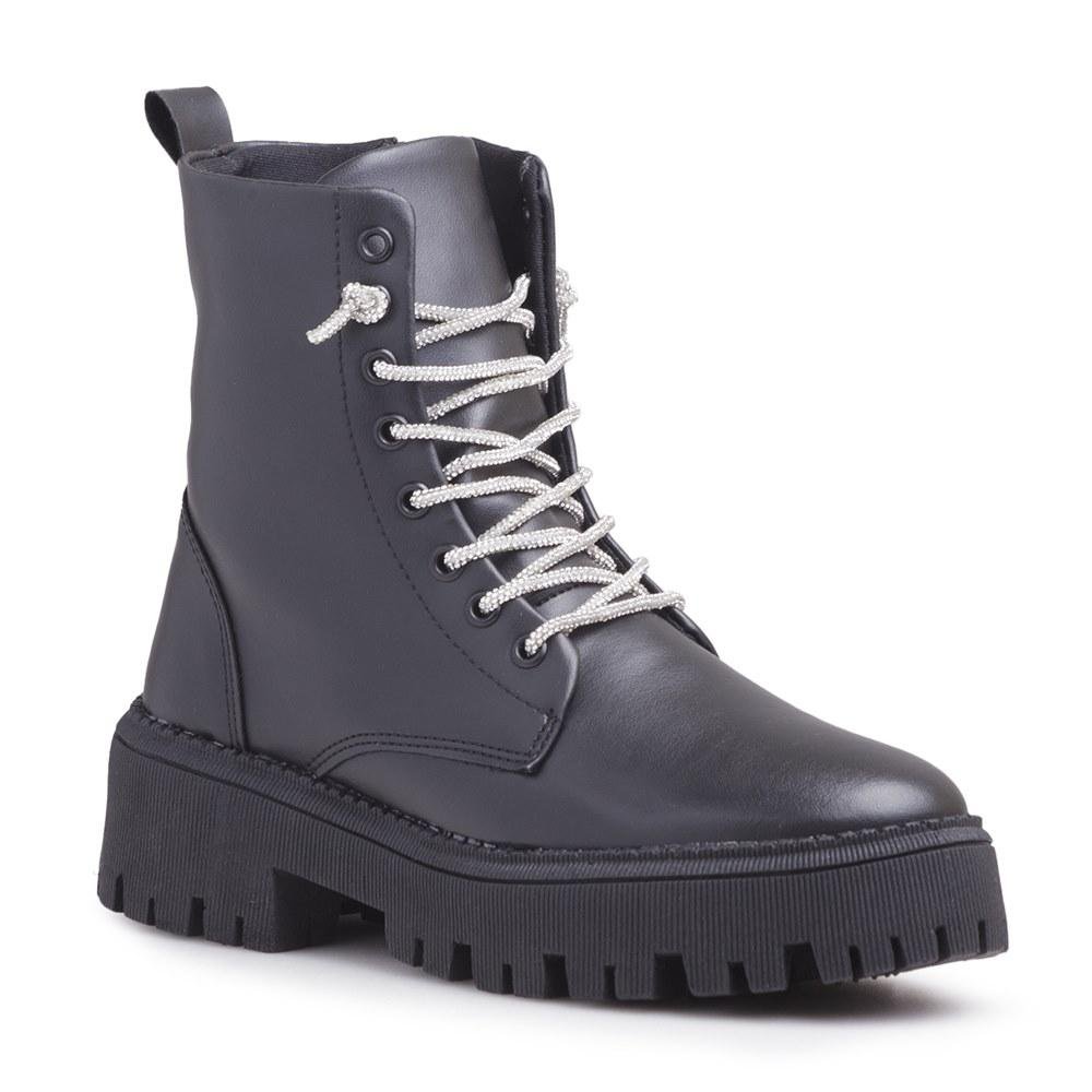 Bota Feminina Coturno Cadarço Strass Zíper Cano Médio Preto 1