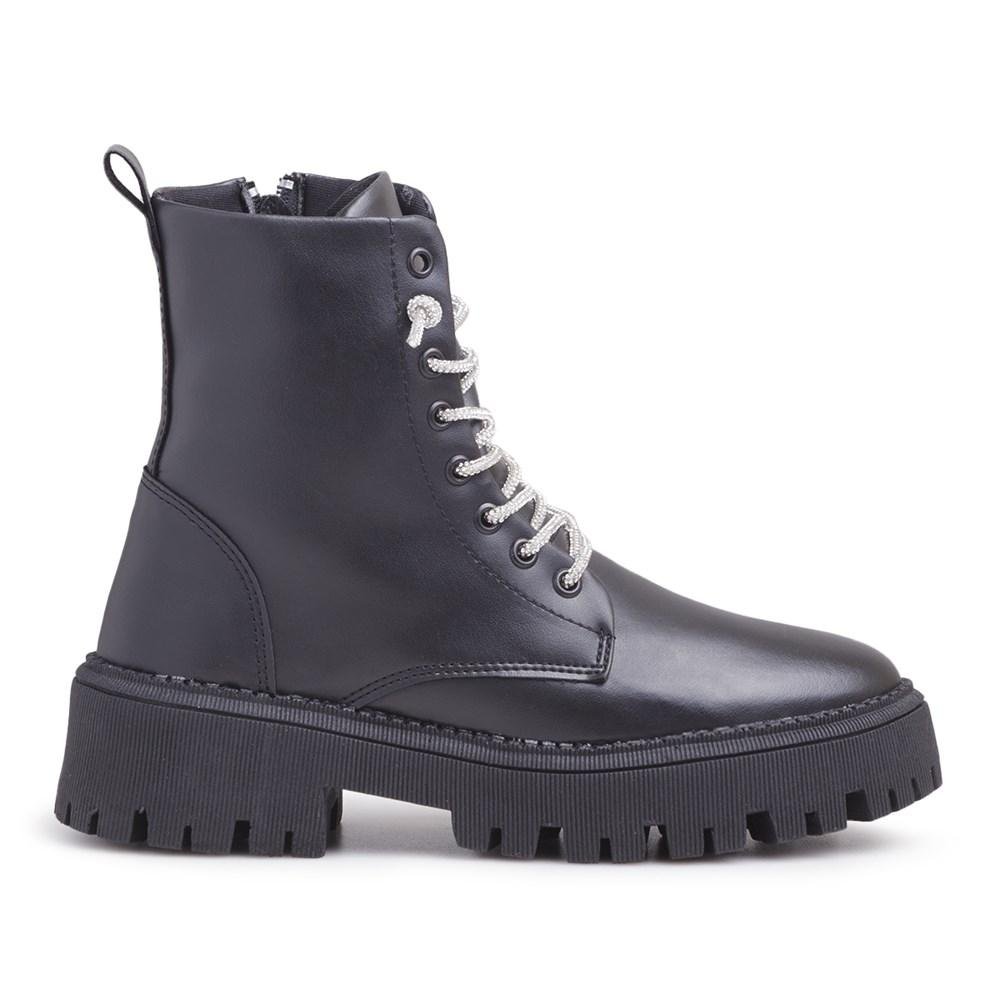 Bota Feminina Coturno Cadarço Strass Zíper Cano Médio Preto 3