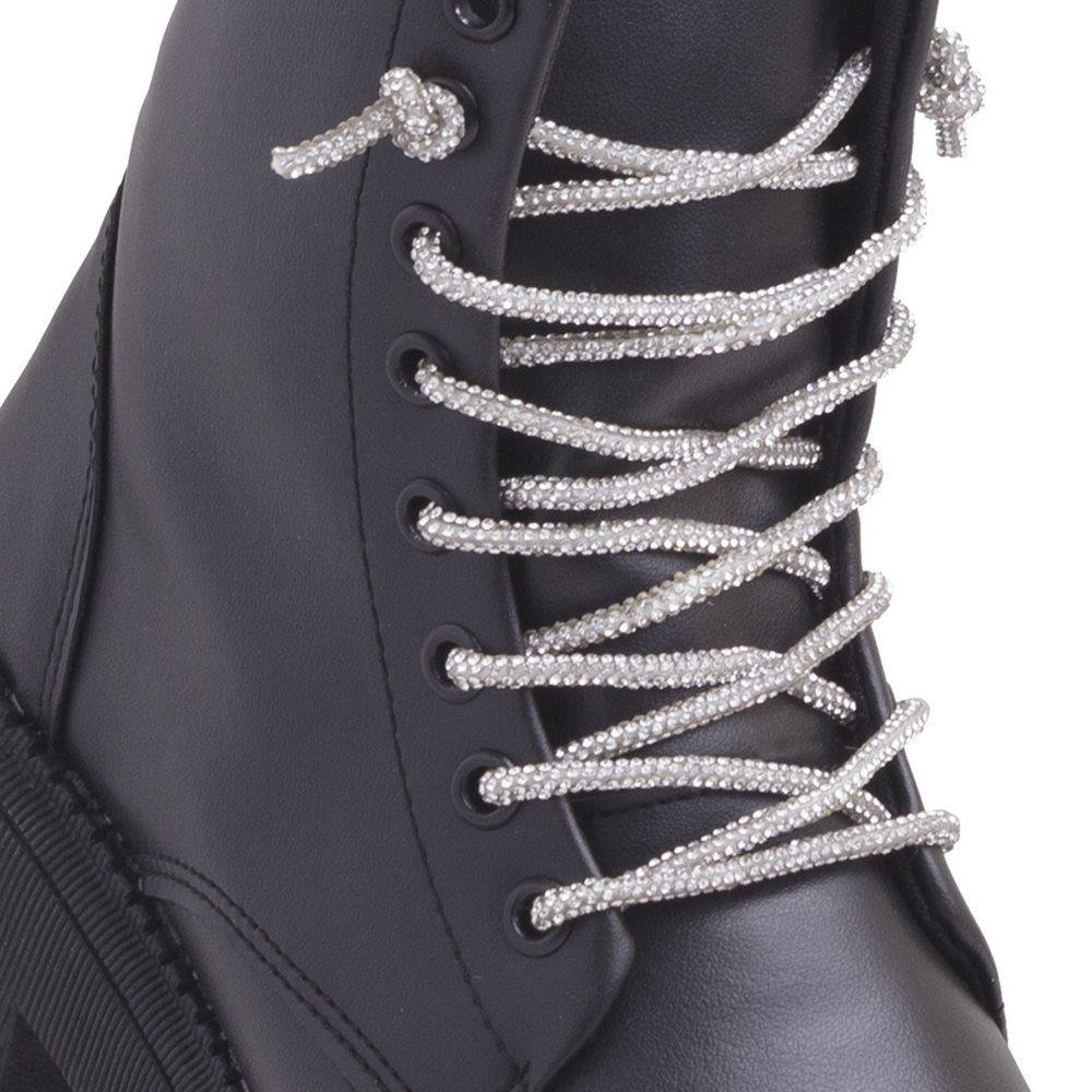Bota Feminina Coturno Cadarço Strass Zíper Cano Médio Preto 4