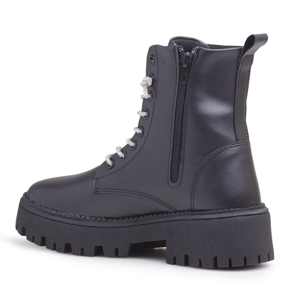 Bota Feminina Coturno Cadarço Strass Zíper Cano Médio Preto 5