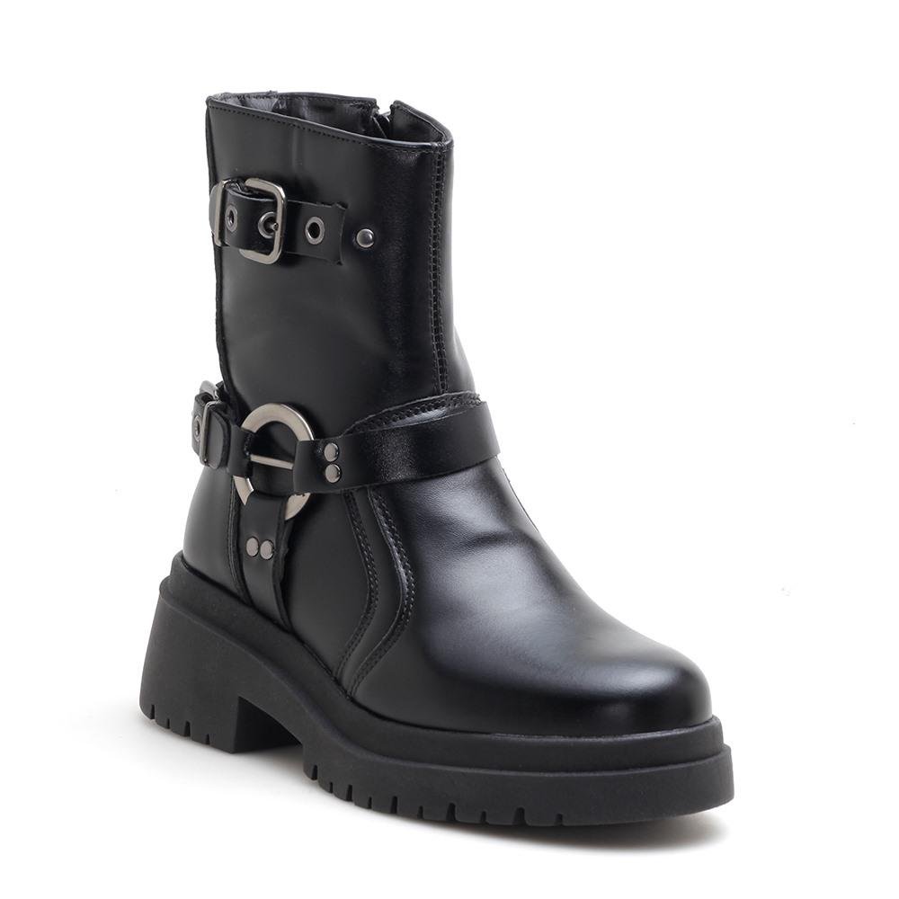 Bota Feminina Coturno Zíper Cano Médio Fivela Bico Redondo