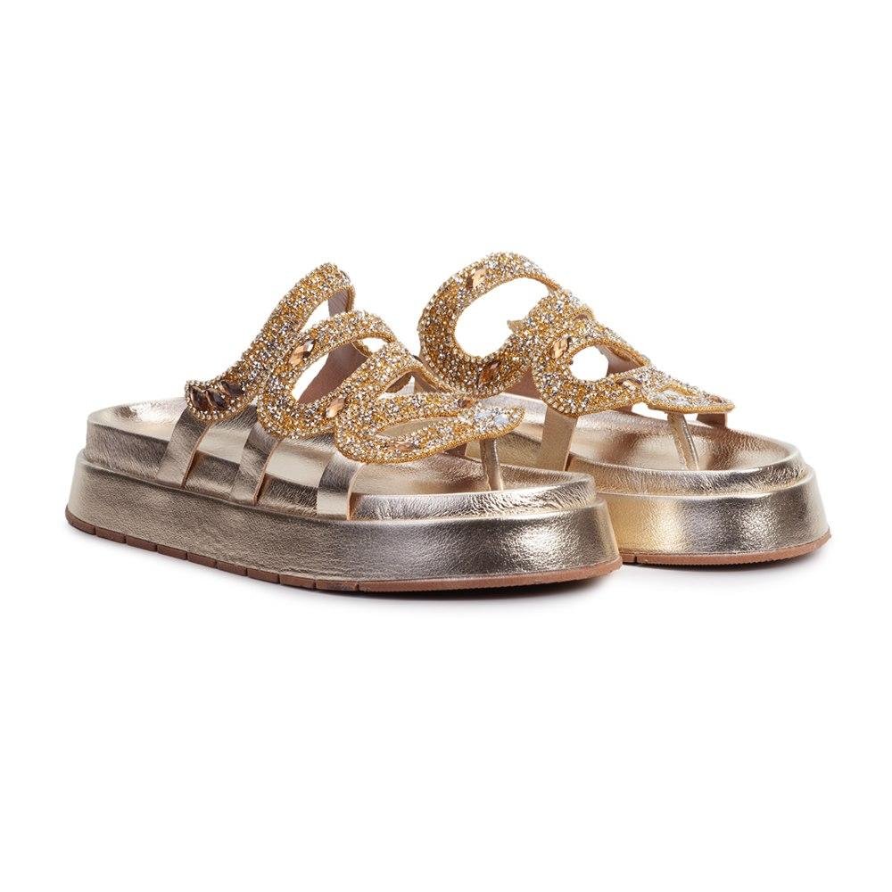 Sandália Feminina Papete Flatform Metalizada Strass Pedraria Dourado 2