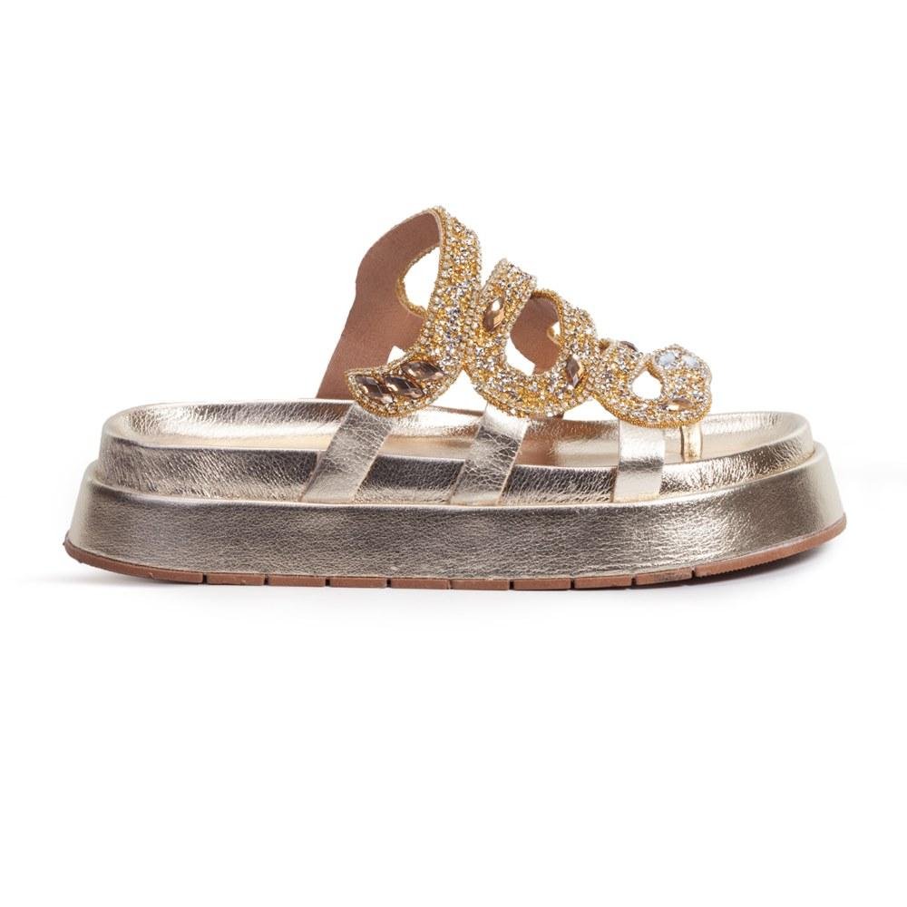 Sandália Feminina Papete Flatform Metalizada Strass Pedraria Dourado 3
