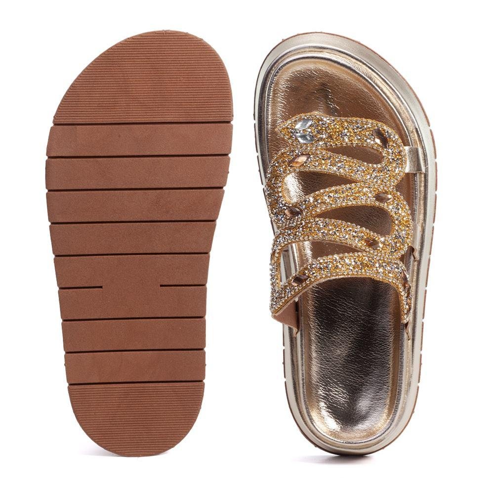 Sandália Feminina Papete Flatform Metalizada Strass Pedraria Dourado 5