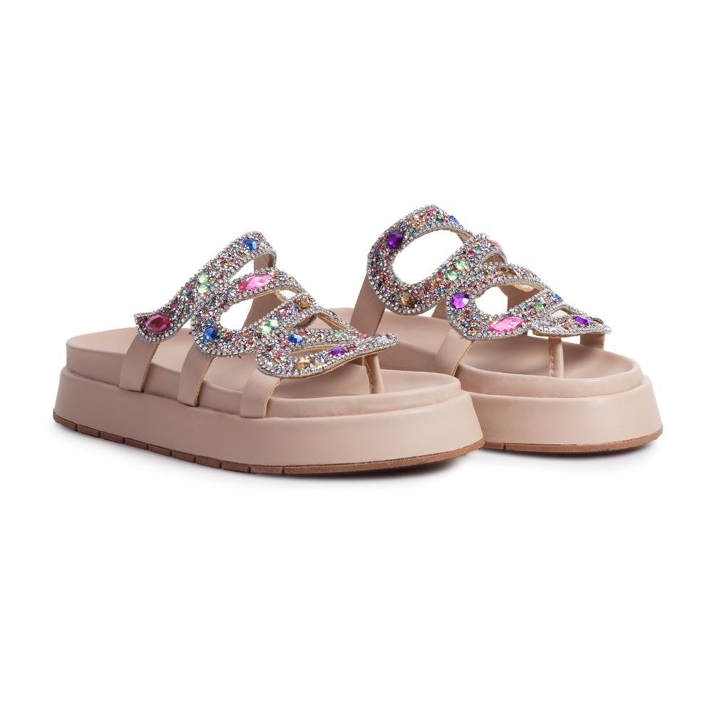 Sandália Feminina Papete Flatform Pedraria Strass Brilho Bege 2