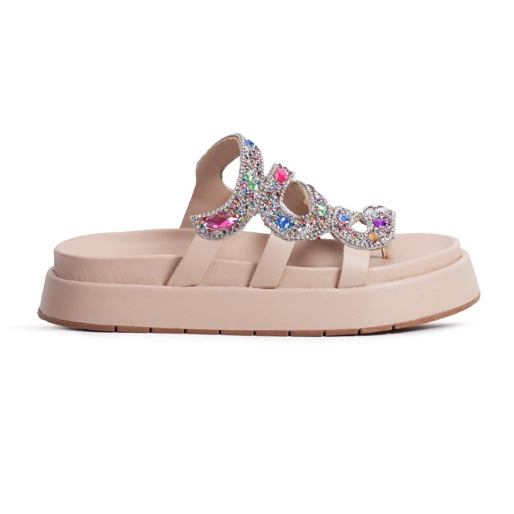 Sandália Feminina Papete Flatform Pedraria Strass Brilho Bege 3