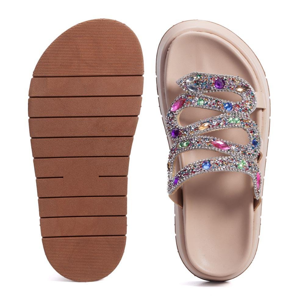 Sandália Feminina Papete Flatform Pedraria Strass Brilho Bege 5