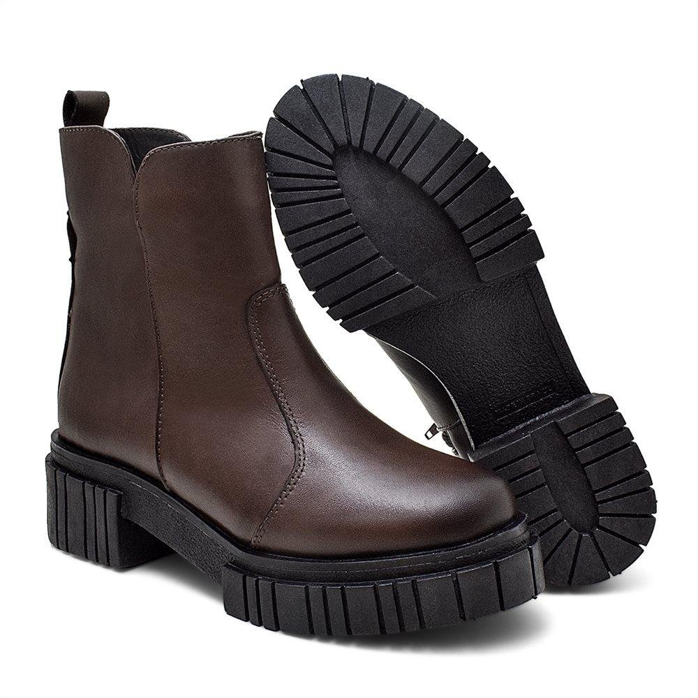 Bota Feminina Couro Salto Alto Zíper Confortável Casual Marrom 4