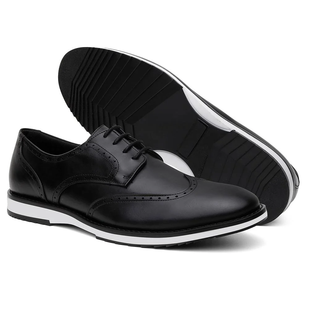 Sapato Masculino Derby Couro Bico Redondo Brogue Casual Preto 3