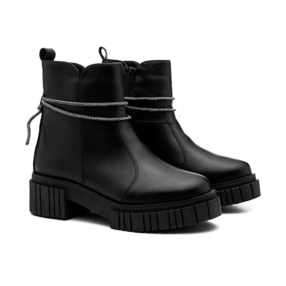 Bota Coturno Feminino Couro Fechamento Zíper Lisa Casual Preto 2