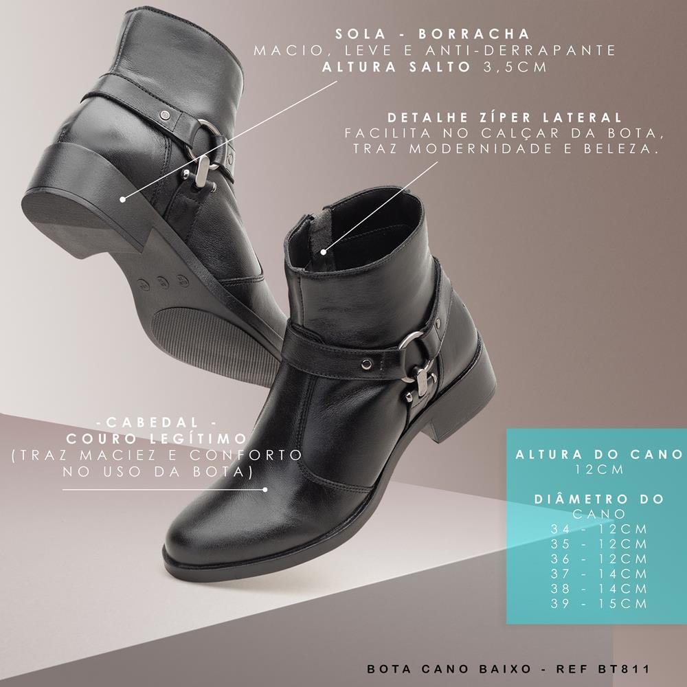 Bota Feminina Cano Curto Bico Redondo Zíper Lateral Casual Preto 10