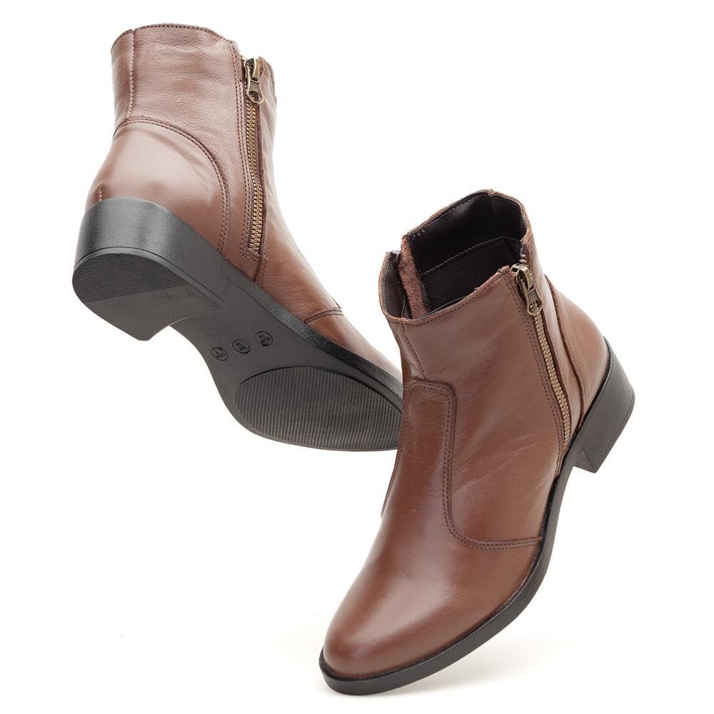 Bota Feminina Couro Cano Curto Bico Redondo Casual Dia a Dia Marrom 6