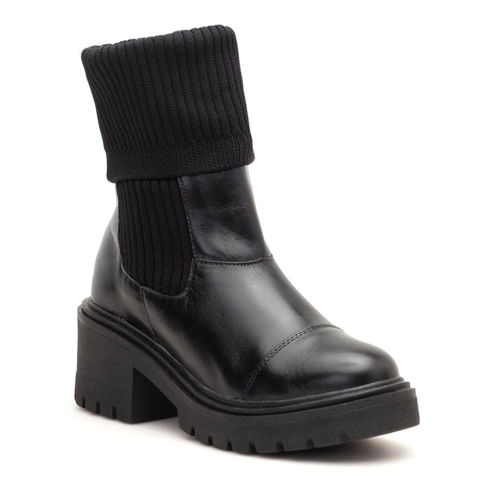 Coturno Feminino Couro Meia Tratorado Calce Fácil Casual Preto 2