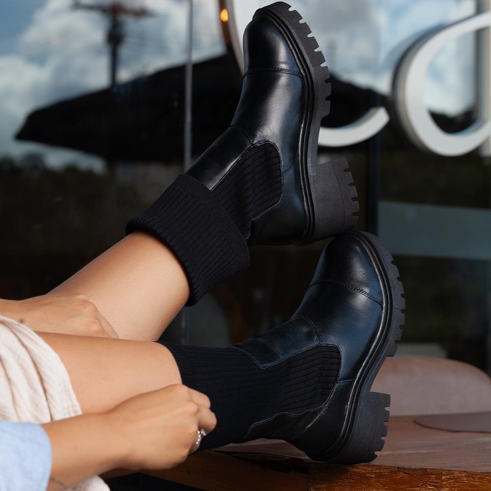 Coturno Feminino Couro Meia Tratorado Calce Fácil Casual Preto 8