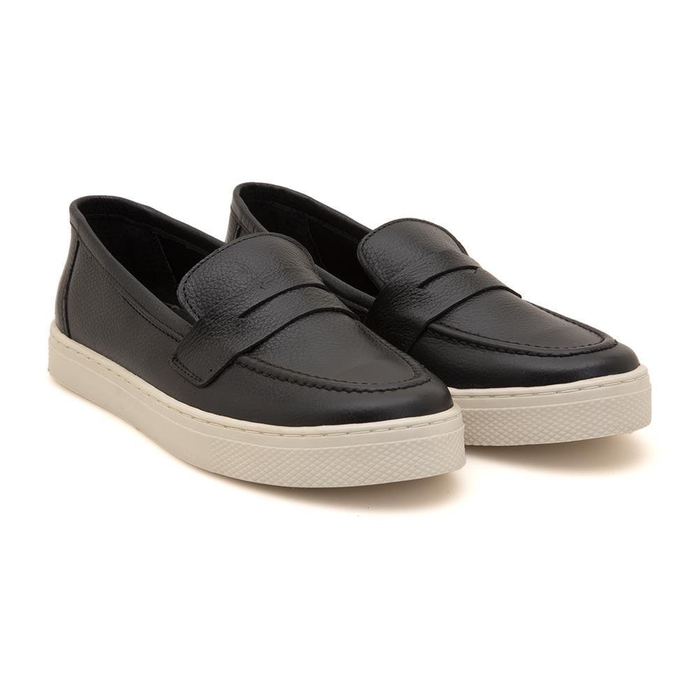 Mocassim Feminino Slip Couro Calce Fácil Bico Redondo Casual Preto 2