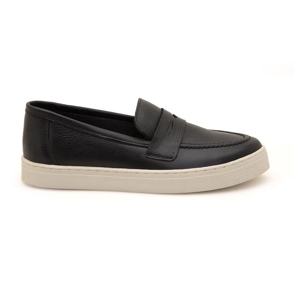 Mocassim Feminino Slip Couro Calce Fácil Bico Redondo Casual Preto 3