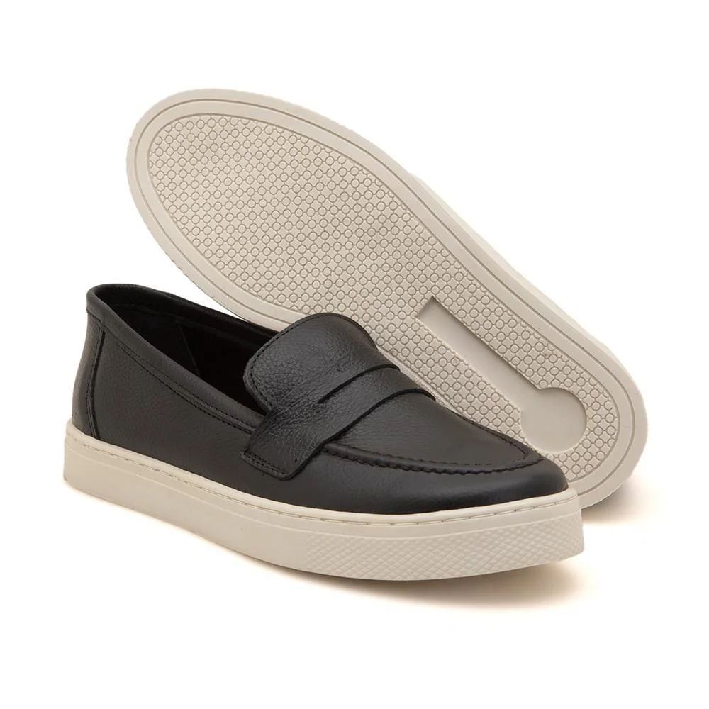 Mocassim Feminino Slip Couro Calce Fácil Bico Redondo Casual Preto 5