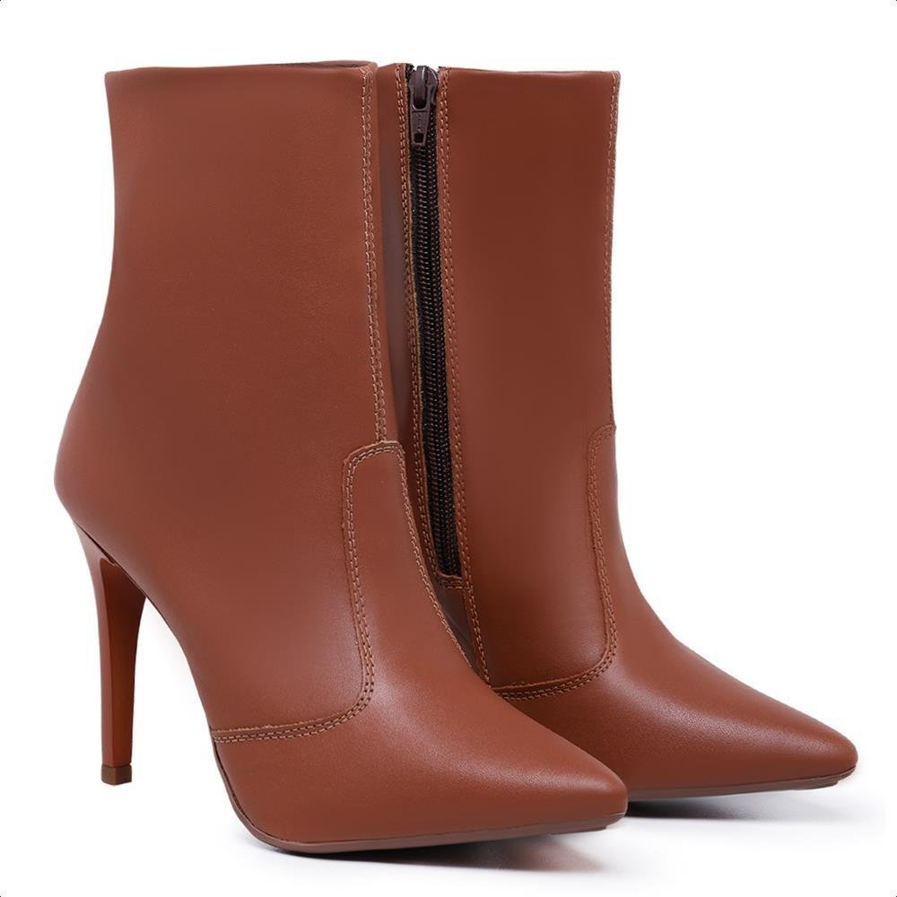 Bota Feminina Bico Fino Fechamento Zíper Moderna Casual Marrom 2