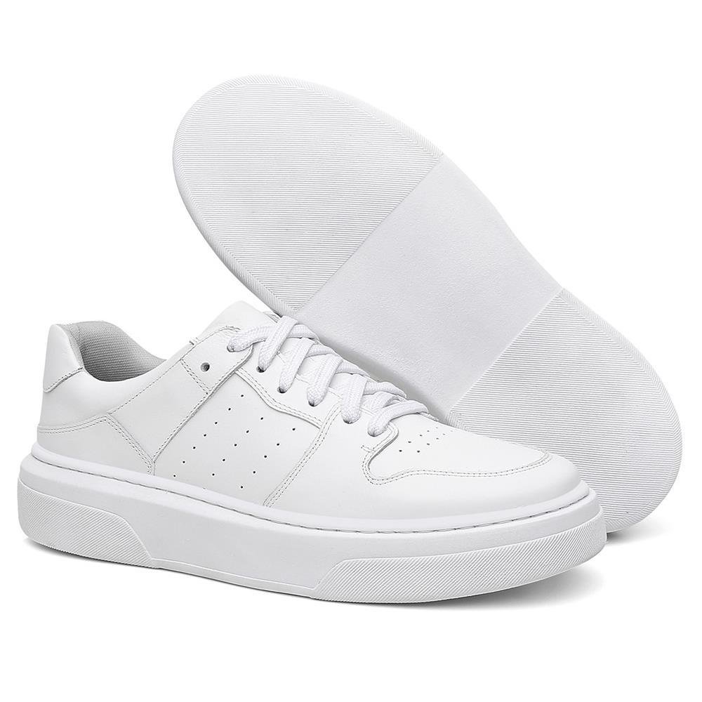 Tênis Masculino Casual Couro Fechamento Cadarço Moderno Branco 4