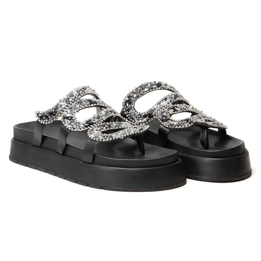 Sandália Papete Feminina Solado Flatform Cobra Pedraria Preto 2