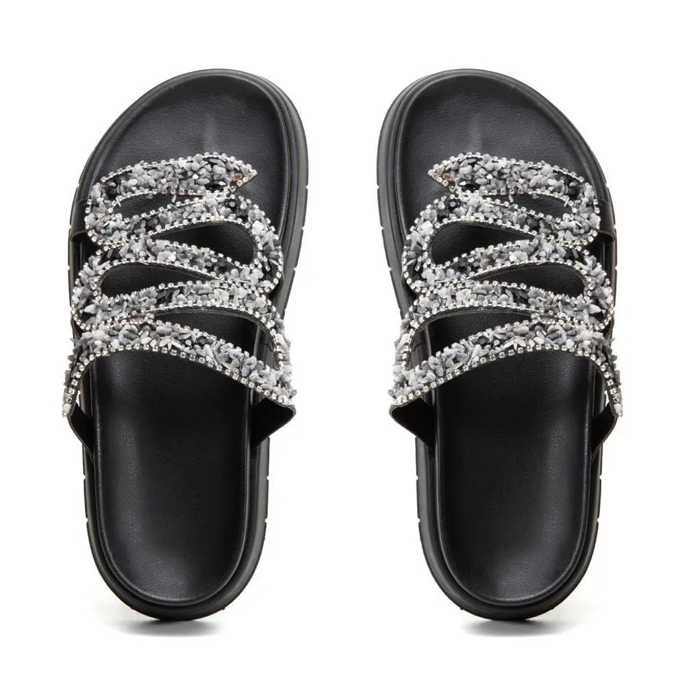 Sandália Papete Feminina Solado Flatform Cobra Pedraria Preto 3