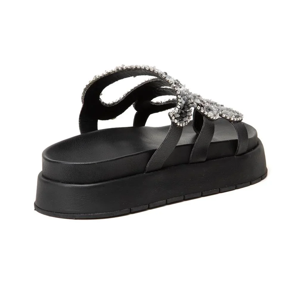 Sandália Papete Feminina Solado Flatform Cobra Pedraria Preto 4