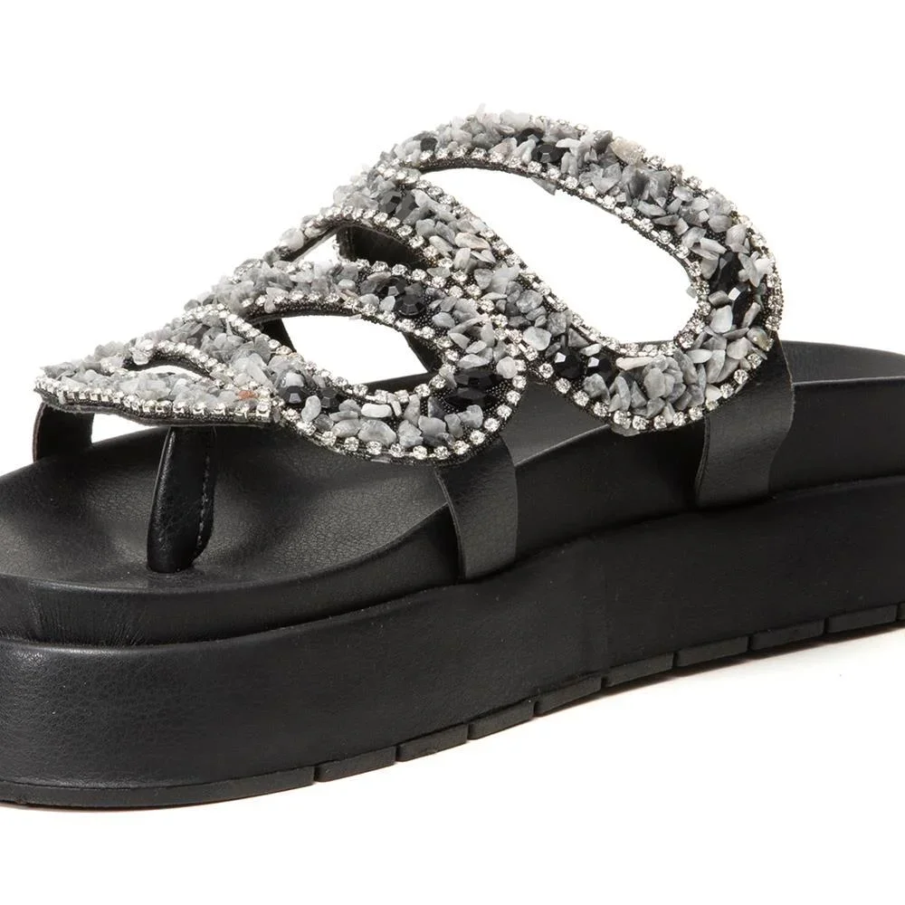 Sandália Papete Feminina Solado Flatform Cobra Pedraria Preto 5