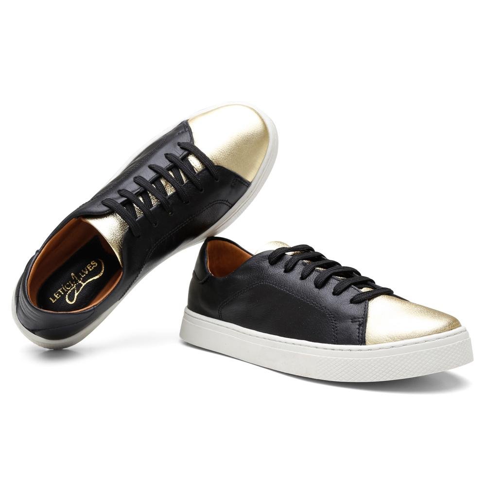 Tênis Feminino Couro Casual Fechamento Cadarço Moderno Preto 2