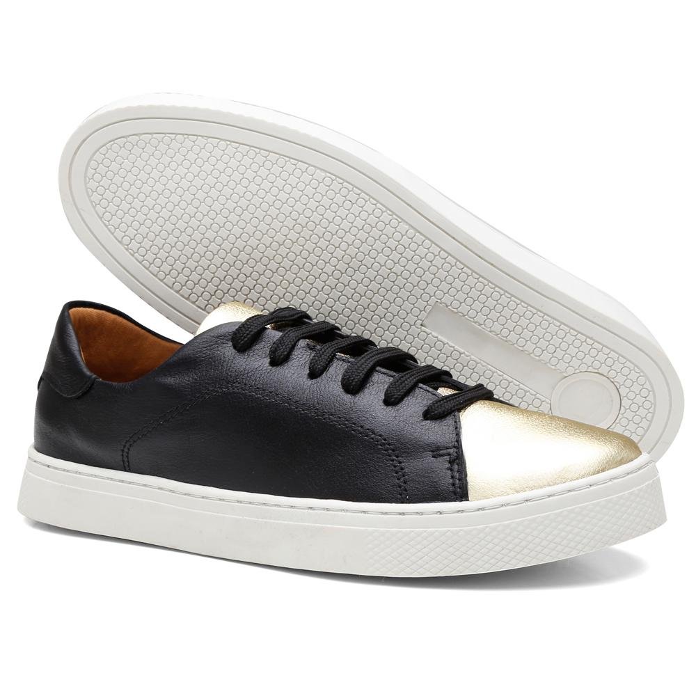 Tênis Feminino Couro Casual Fechamento Cadarço Moderno Preto 3