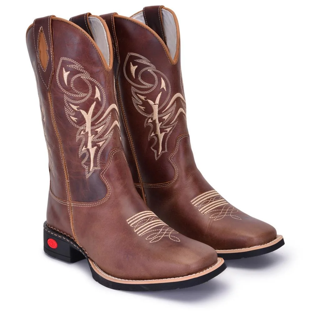 Bota Texana Masculina Couro Country Bordada Bico Quadrado Marrom 2